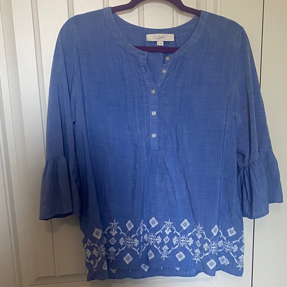 LOFT Indigo Blouse with White Embroidery - Picture 1 of 4